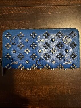 Authentic Christian Louboutin Blue Leather Studded Zip-Around Wallet